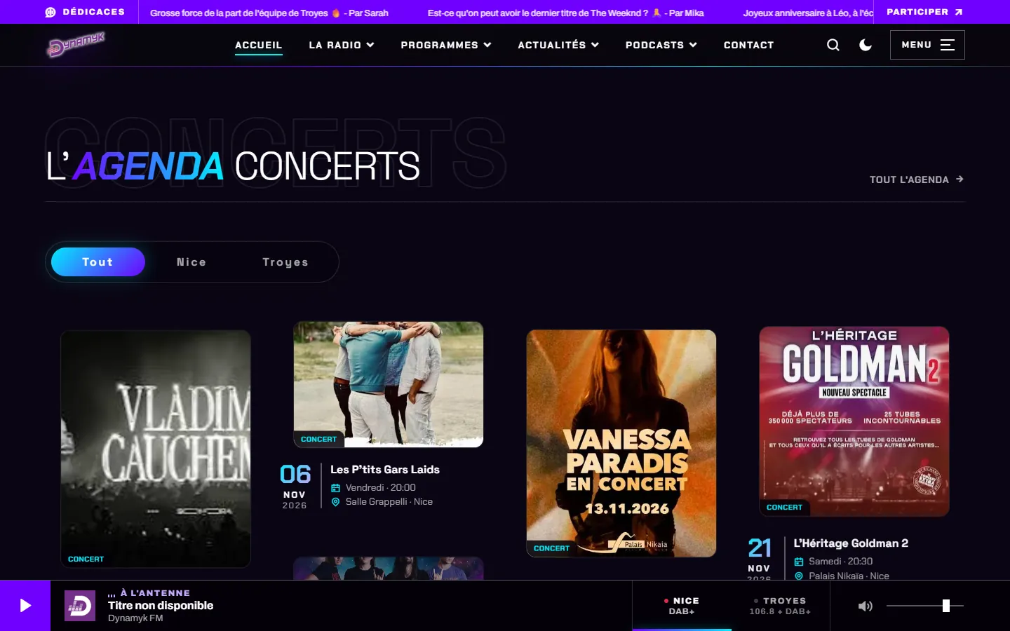 L’agenda des concerts, filtrable par ville