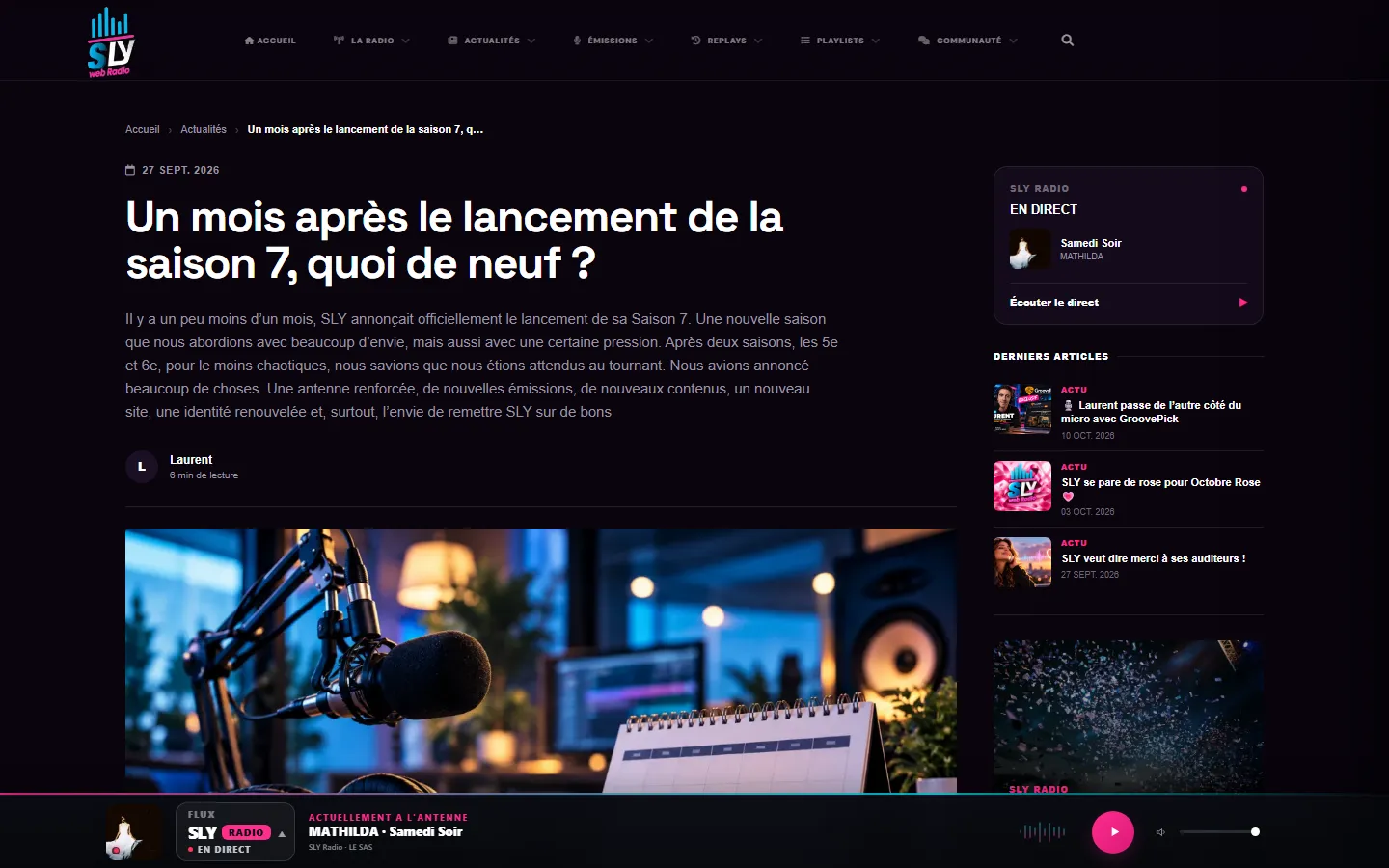 Page article avec lecteur persistant et articles récents